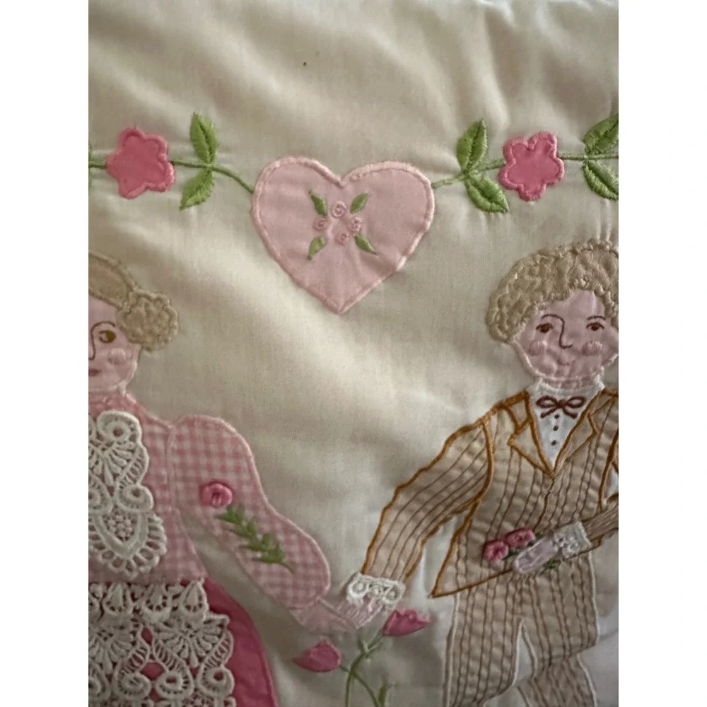 Vintage House of Hatten Applique Pillow Folk Art Victorian Couple Lace 13x13
